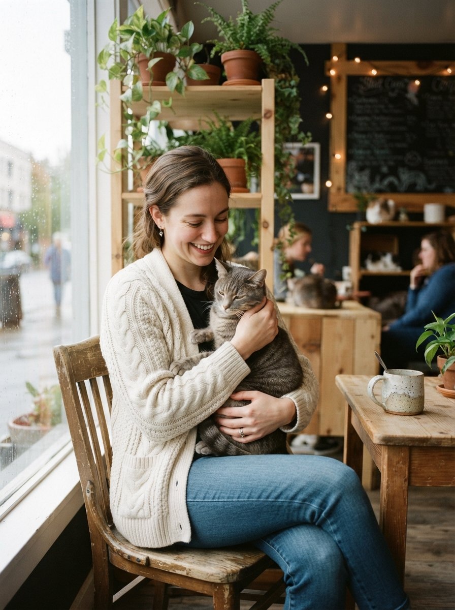 A visitor holding one of the café cats