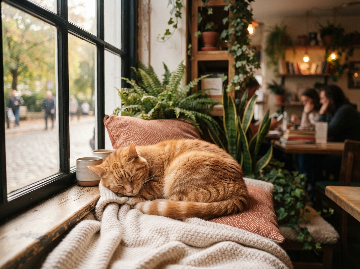 A resident cat curled up on a cushion by the café window